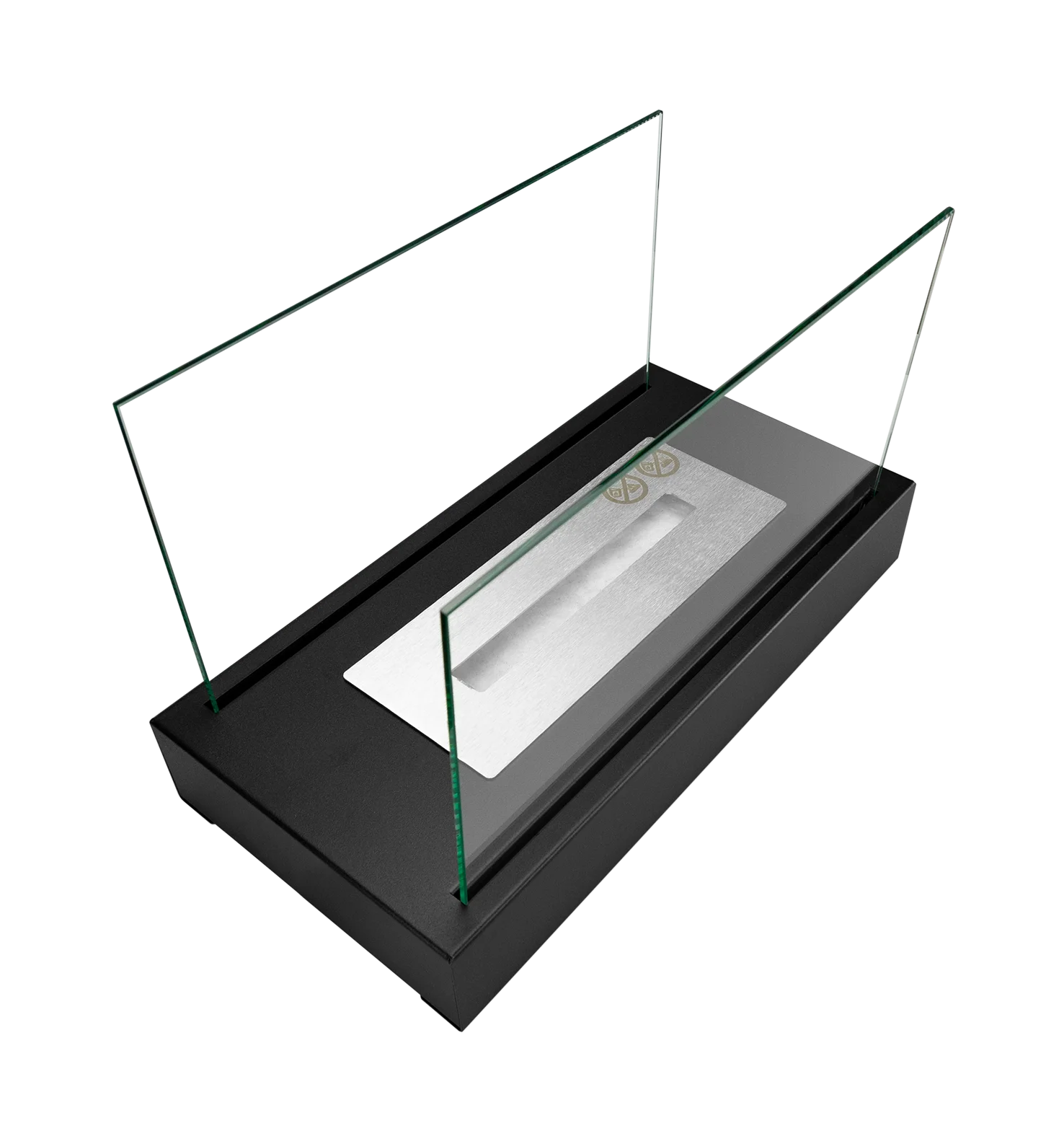 sort bord biopejs med sideglas på sløret baggrund, set skråt fra siden