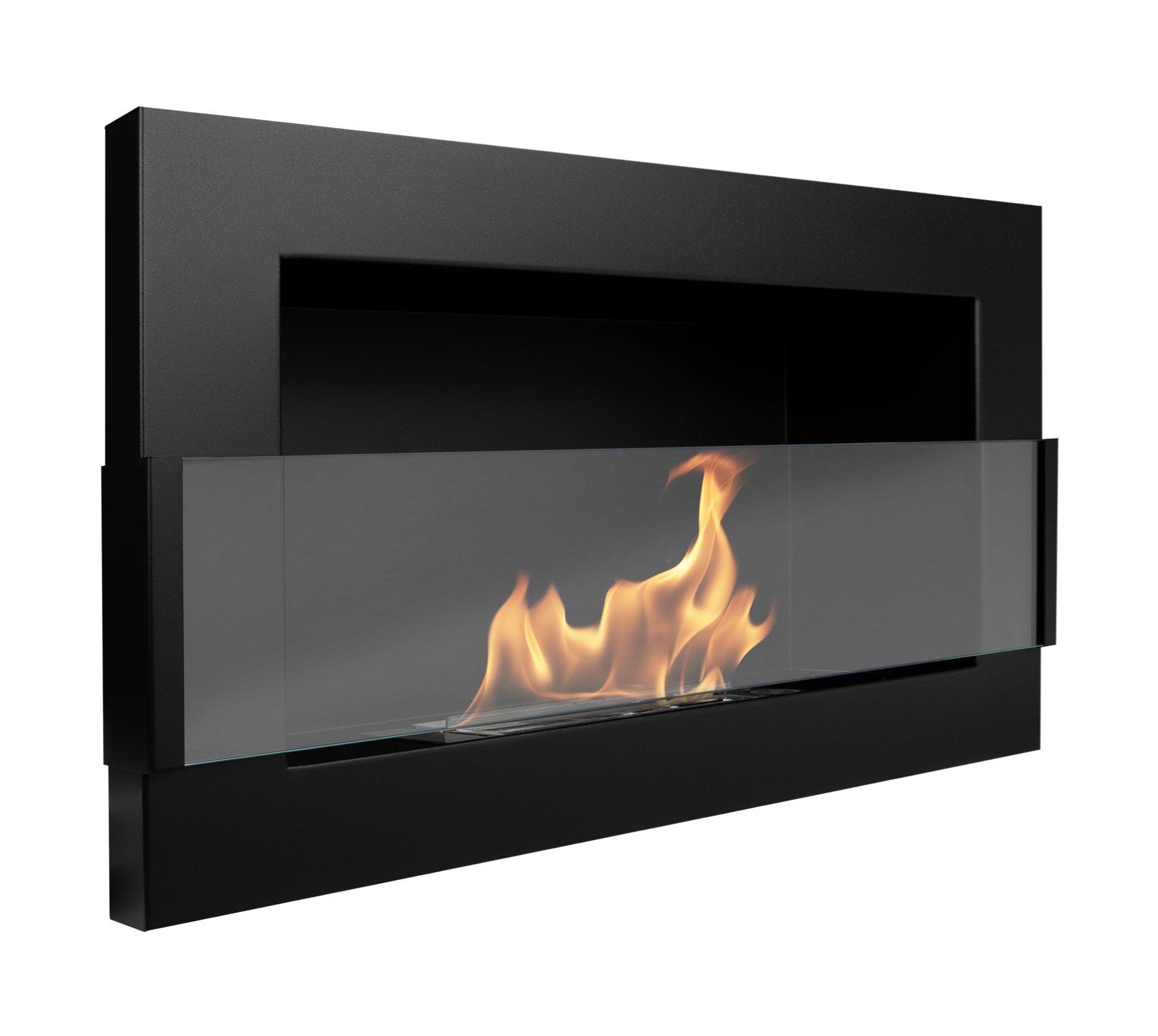 sort vægmonteret biopejs med frontglas og flammer