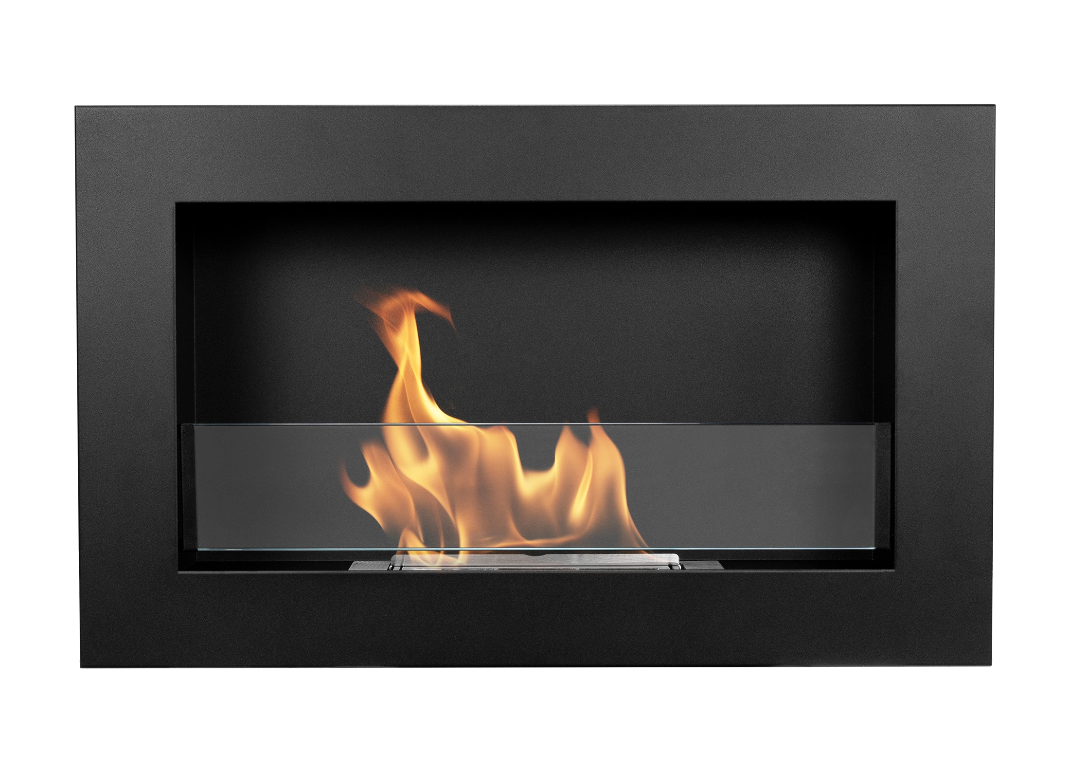 sort biopejs, vægmodel med frontglas og tændte flammer på sløret baggrund
