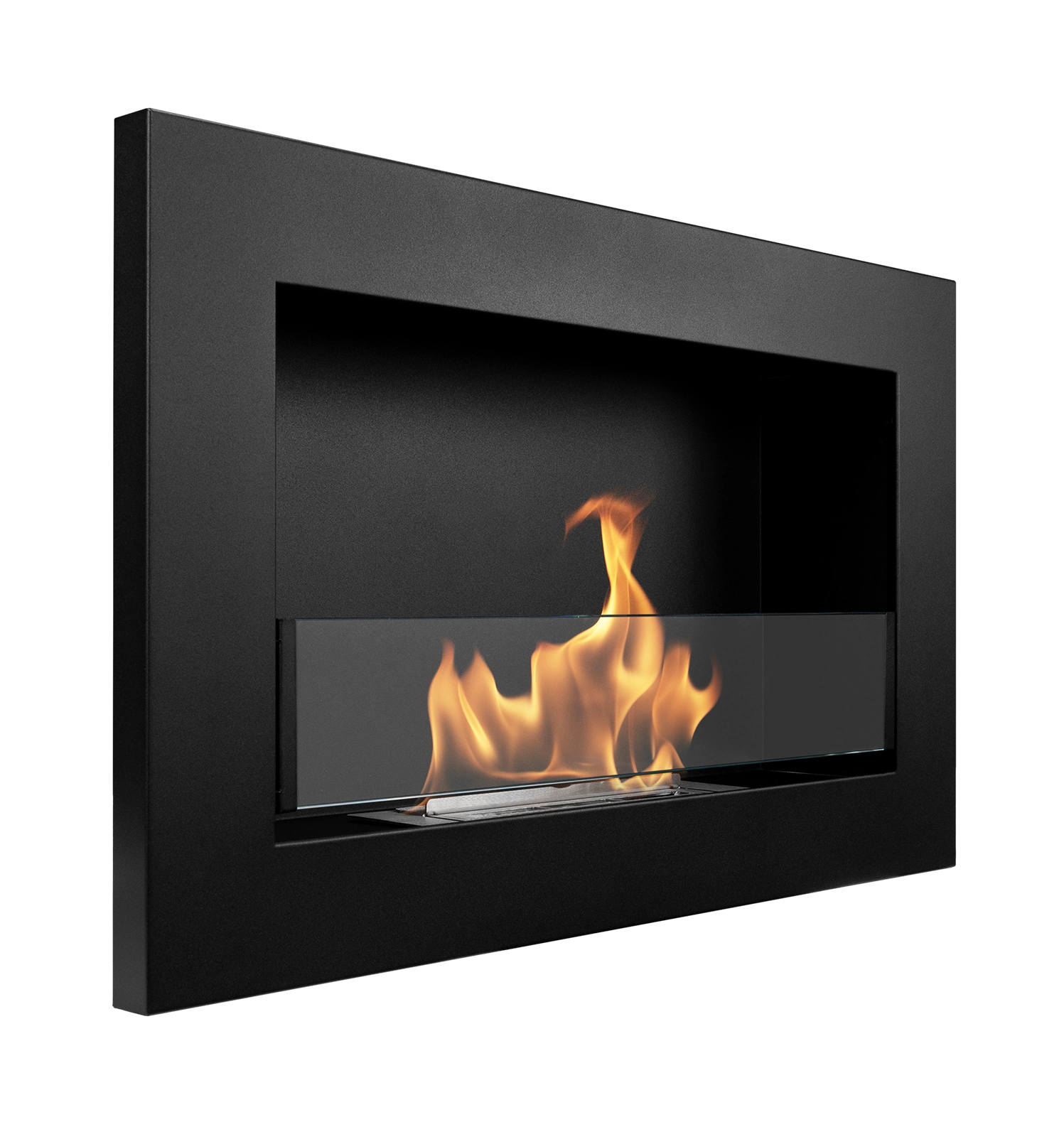 sort biopejs, vægmodel med frontglas og tændte flammer på sløret baggrund