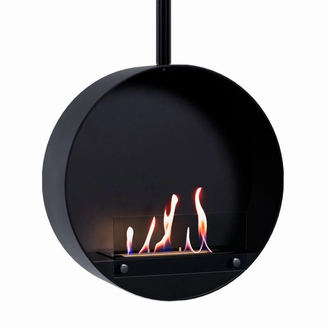 sort rund hængende biopejs med frontglas og flammer