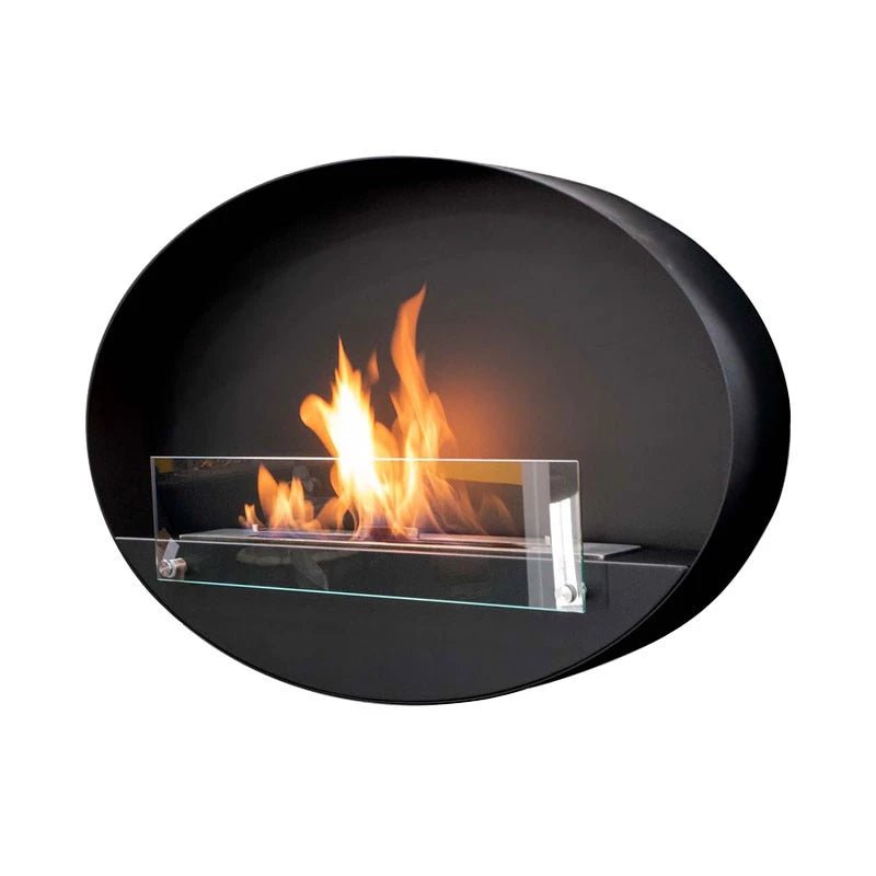 sort oval væghængende biopejs med frontglas og flammer