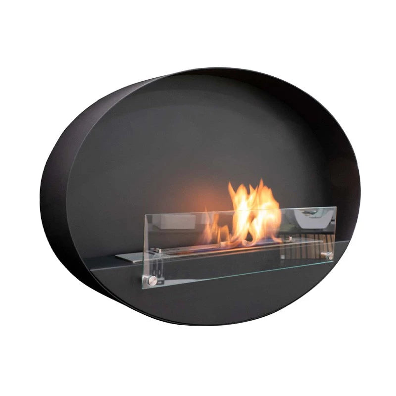 sort oval væghængende biopejs med frontglas og flammer