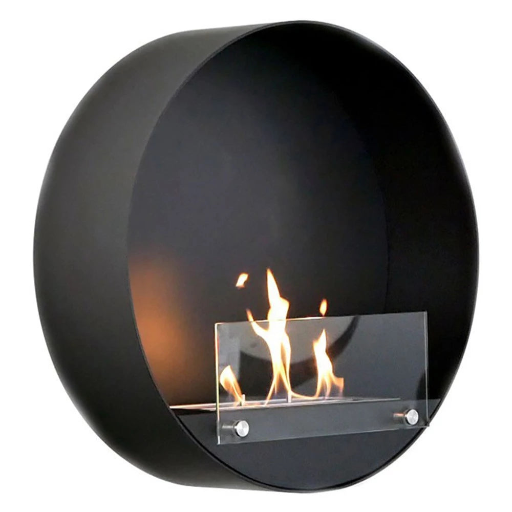 rund sort væghængt biopejs med frontglas og flammer