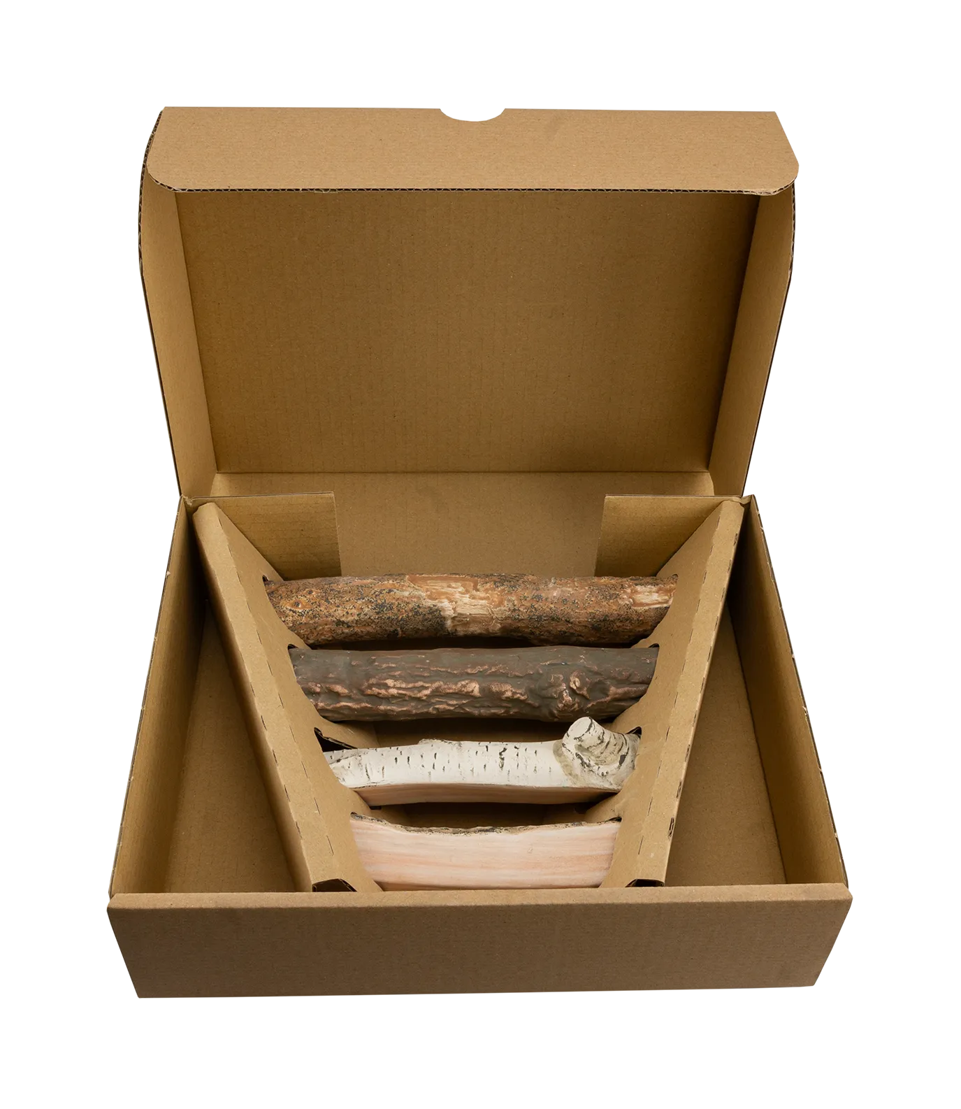 kasse med fire styk keramisk brænde