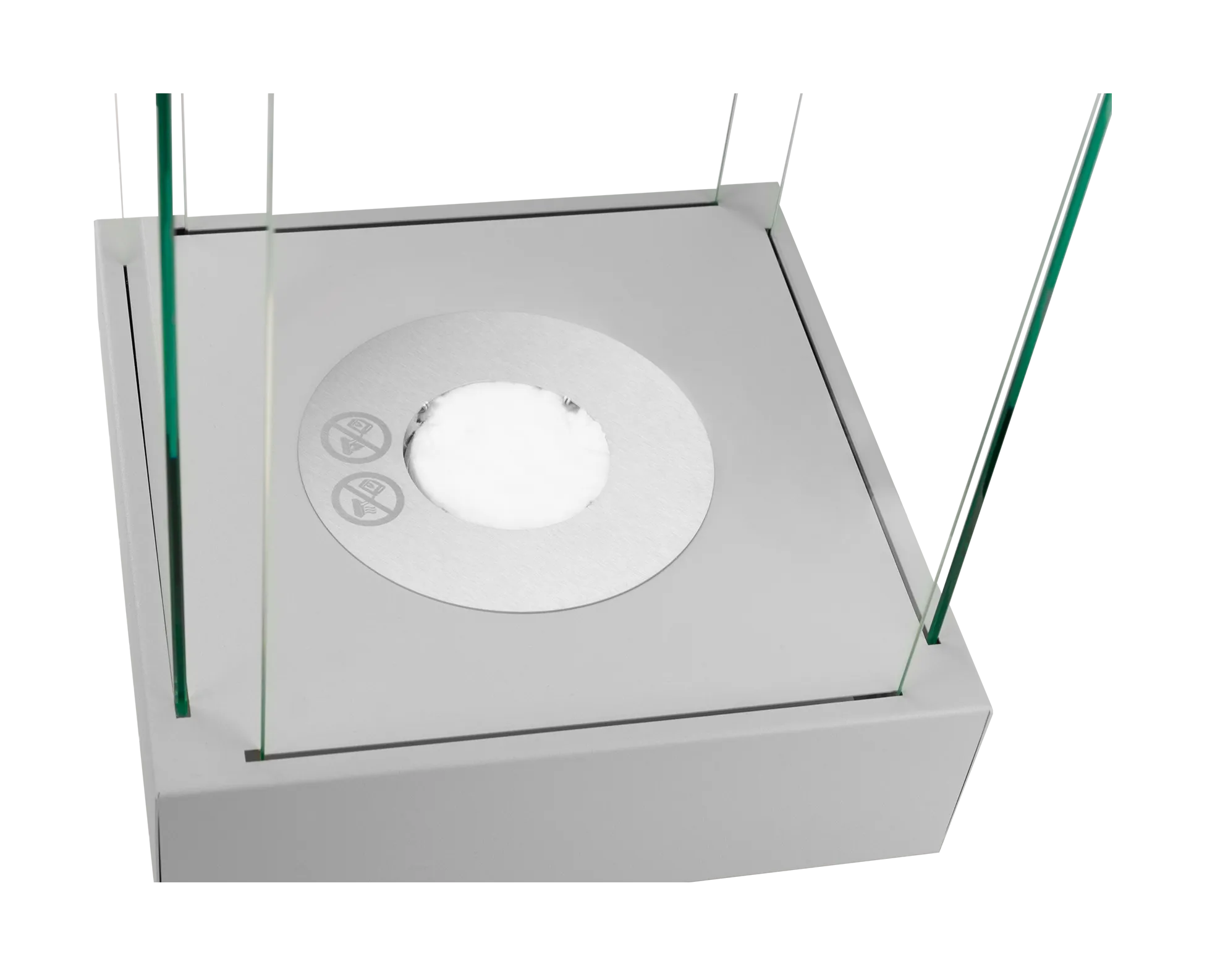 Hvid bordmodel biopejs med sideglas set fra siden på sløret baggrund