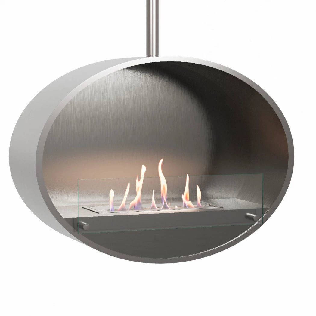 stålgrå oval lofthængt biopejs med frontglas og flotte flammer