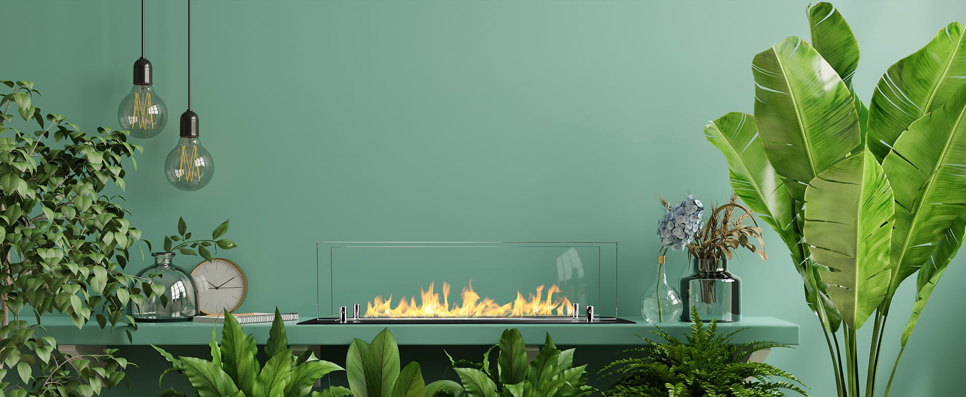 sort bordmonteret biopejs med sideglas og flotte flammer i grønt køkken