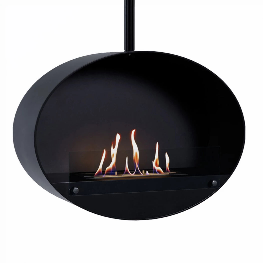 sort oval lofthængt biopejs med frontglas og flammer